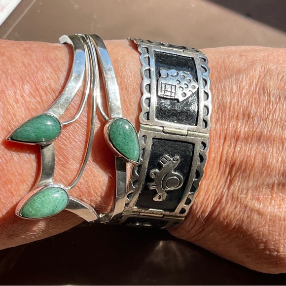 Vintage Heavy Taxco Aventurine Sterling Silver Hinged Cuff Floral Bracelet - Picture 4 of 9